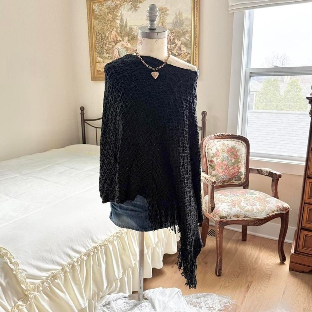 Y2K black fringe knit shawl fashion scarf‎